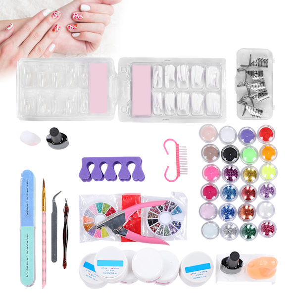 Akrylnaglar Set Glitterpulver Naglar Tips Borste Nagel Manikyr Art Verktyg Kit för Nagelsalong