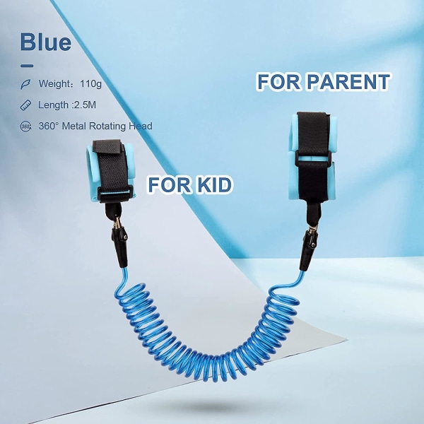 2 stk Anti-tapt barnearmbånd med 2,5 m lengde, 360° rotasjon til barnebånd, komfortabel babysele i blå farge