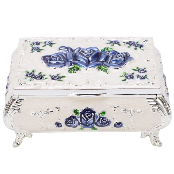 Vintage Smykkeæske Vintage Roser Relief Design Zink Legering Blød Fløjl Vibrerende Farver Sikker Blank Lille SmykkeæskeSølv Hvid og Blå Roser