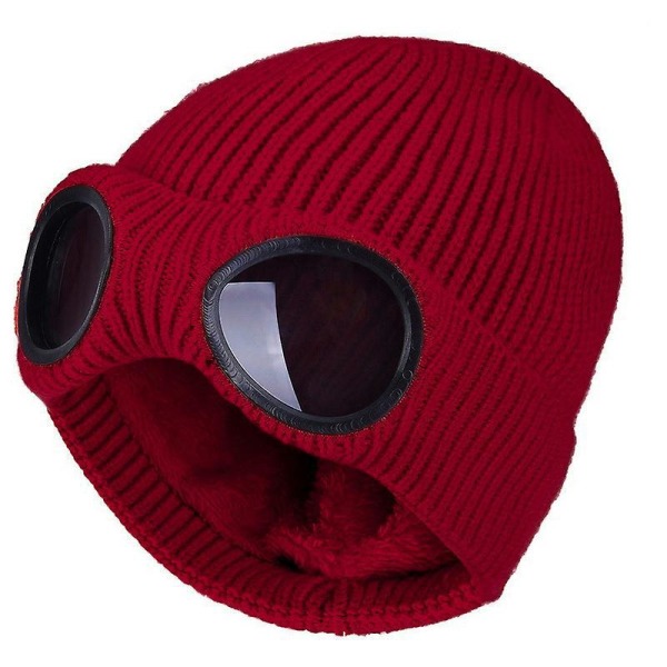 Unisex vinterstrikket hue med fleecefor og sportsbriller, strækbar skibeaniehue