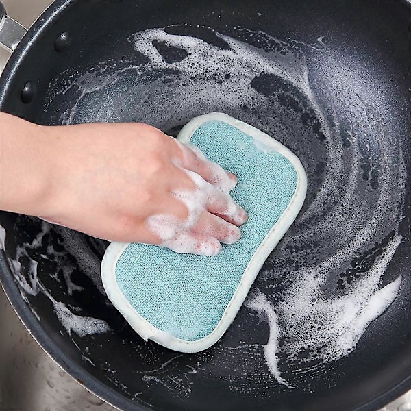 Blått sett med 1 gjenbrukbar mikrofiber oppvasksvamp - Vaskbar miljøvennlig dobbel svamp for non-stick panner, antibakterielle puter svamp for rengjøring