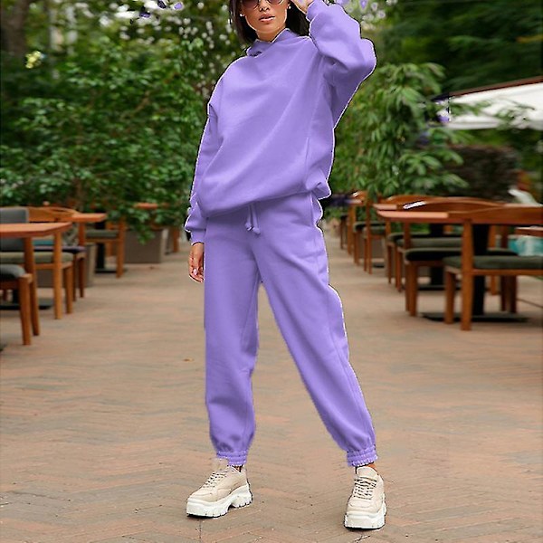 Solid Color Women's Casual Hooded Pullover Tracksuit Set with 33 Pieces L Purple