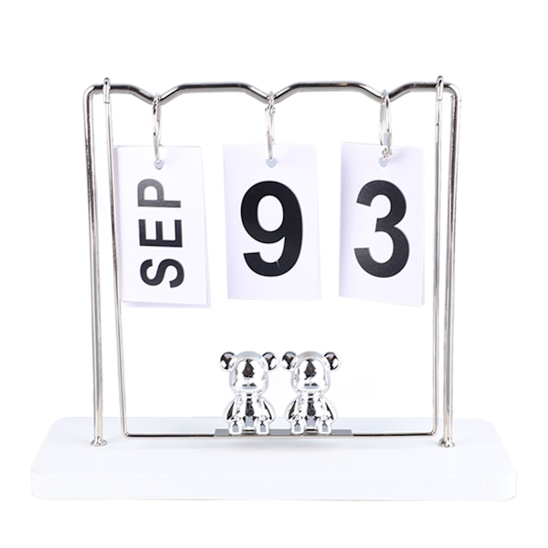 Bear Wooden Metal Flip-kalender Daglig Flip-kalender Genanvendelig evigvarende kalender Desktop Flip-kalender til kontor sovesal Hvid gynge
