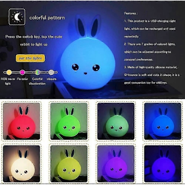 Kanin Natlampe, Genopladelig Bærbar Silikone LED Natlampe, Touch Kanin Lampe, USB Natlampe_SZXM