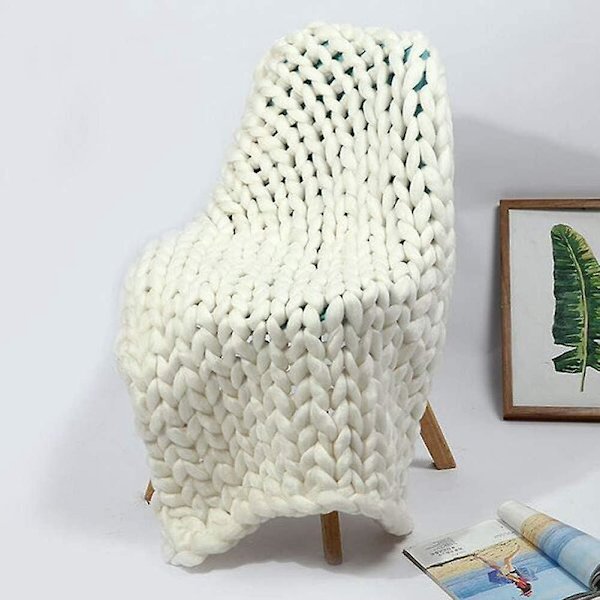 Beige chunky strik plaid uld tæppe 80x100