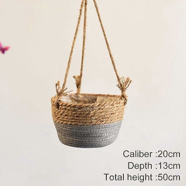 20 cm Hängande Halmkruka med Jute Rep - Väggkorg i Flätverk för Suckulenter, Örter och Småväxter