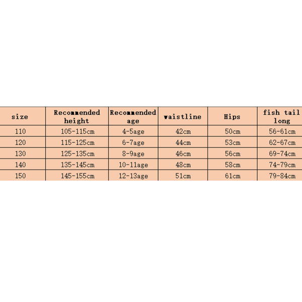 Havfrue tredelt sett (med finner) - havfruehale, egnet for barns monofin svømming, barnas badedrakt, egnet for barns bursdagspresenter 140cm