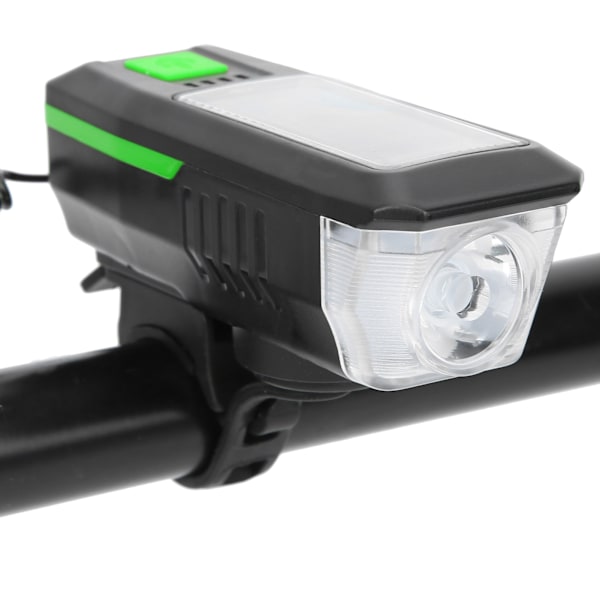 Solcelledrevet USB-opladningscykellys Forlygte Lommelygte Cykeltilbehør med Advarselshorn Sort og Grøn