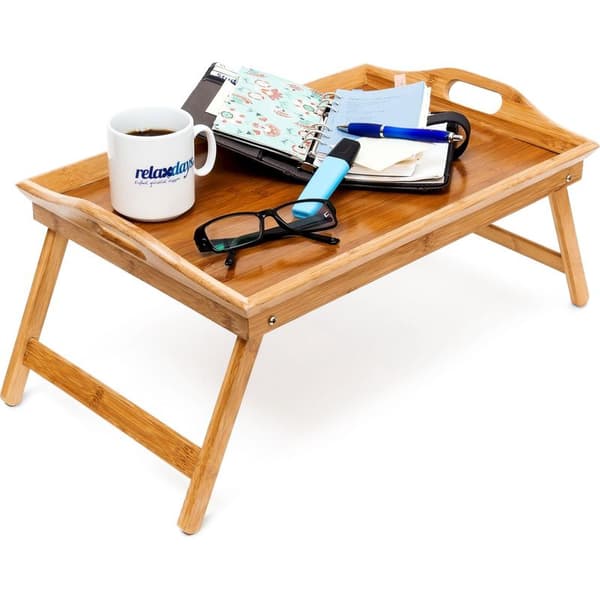 Relaxdays – Hopfällbar sängbricka i bambu – 2 handtag – Mått 52x33 cm – Höjd 25 cm – Multifunktionellt serveringsbord