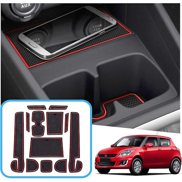 Suzuki Swift 2017-2022 - Keskikonsolin käsinoja, mukinpidike, oven tiiviste (punainen) liukuestematot