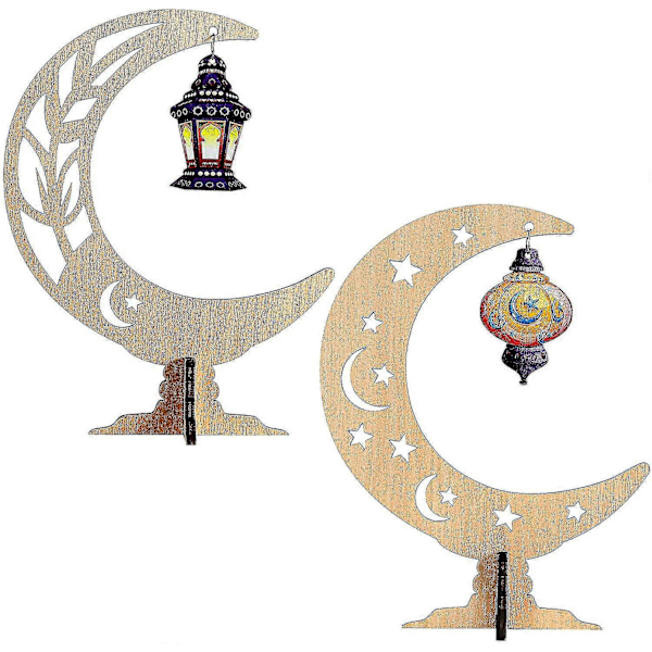 2 kpl Ramadan Eid Mubarak -koristeita puisia kuu-tähti valaisimia pöytäkoriste Ramadan riippuva koriste