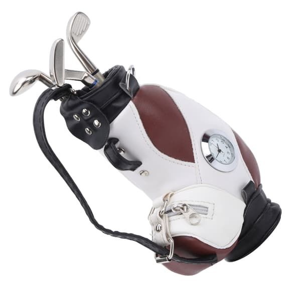 Mini Skrivbords Golfbag Pennklocka Zinklegering PU Läder med Golfpennor Souvenirset Present Brun Vit