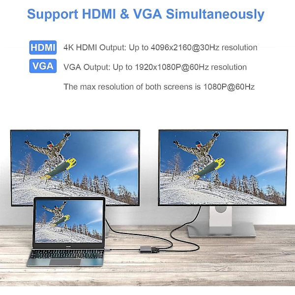 Usb C - Vga Hdmi -sovitin, 4 in 1 Type C -keskitin Vga Hdmi 4k Uhd:hen 87 W:n Pd-latausportilla + Usb 3.0 -portti Yhteensopiva - harmaa