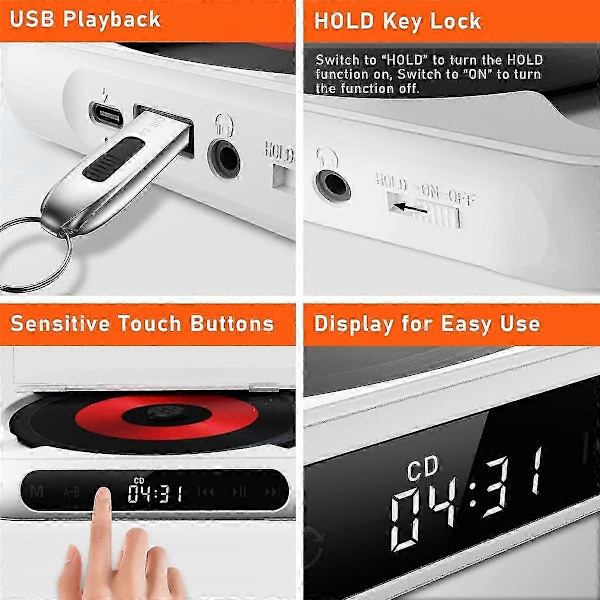 Kannettava CD-soitin Bluetooth-kaiutin, LED-näyttö, stereosoitin, seinään asennettava CD-musiikkisoitin