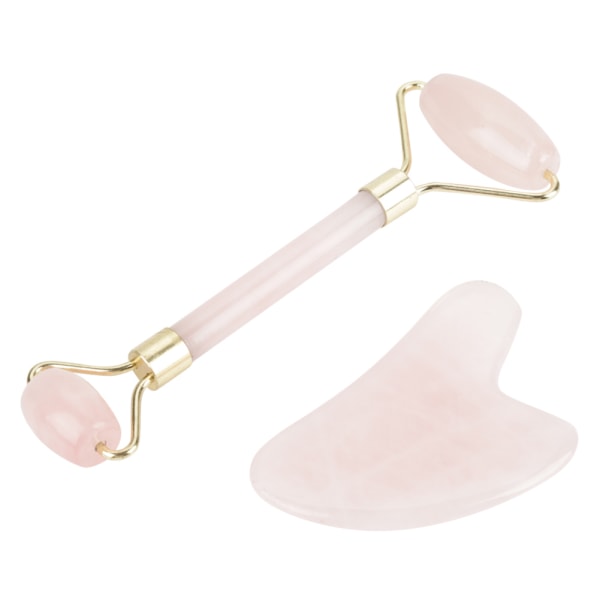 Luonnollinen Double Head Rose Quartz Jade Stone Roller & Scrapping Plate Face Hierontatyökalusarja