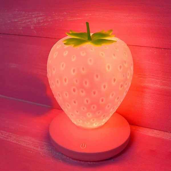 Jordbær Natlampe, Sød Silikone Natlampe, Børne Natlampe, LED Natlampe, Børne Sengelampe, USB Genopladelig, 3 Touch Kontrol Tilstande (Pink