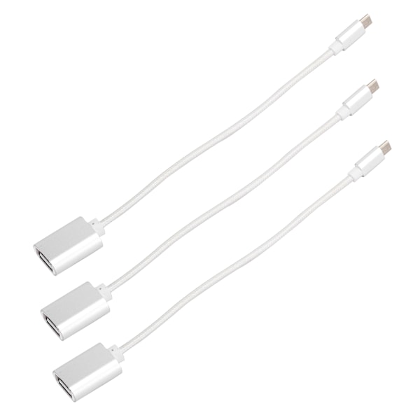 3 st flätade tygförstärkta kontaktadapter utan rost, smidig överföring, USB-ingång, mikro-utgång, OTG-adapterkabel för AndroidSilver