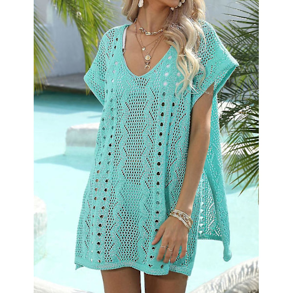 V-ringad stickad bikini-cover-up för damer, sommarstrand, badkläder, sjögrön