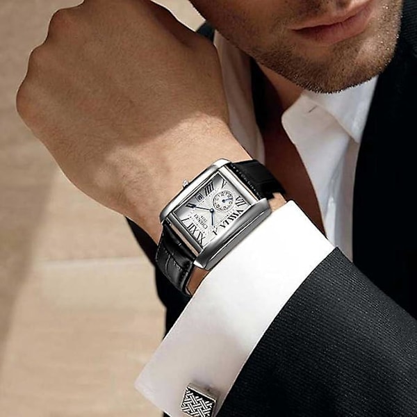 Herreur Firkantet Ur, Vintage Læder Cuff Ur, Romertal Analog Quartz Ur, Læderrem Klassisk Vintage Ur med Automatisk Kalendervindue