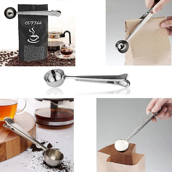 2 stk. Kaffeskje med poseklype, kaffemåleskje i rustfritt stål, kaffeforseglingsklype for presskanne, malt kaffe og bønner (Sølv+Rosegull)