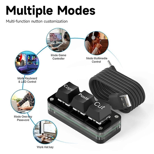 3 Taster Makroprogrammering Mini Tastatur for Photoshop Gaming Hvit A