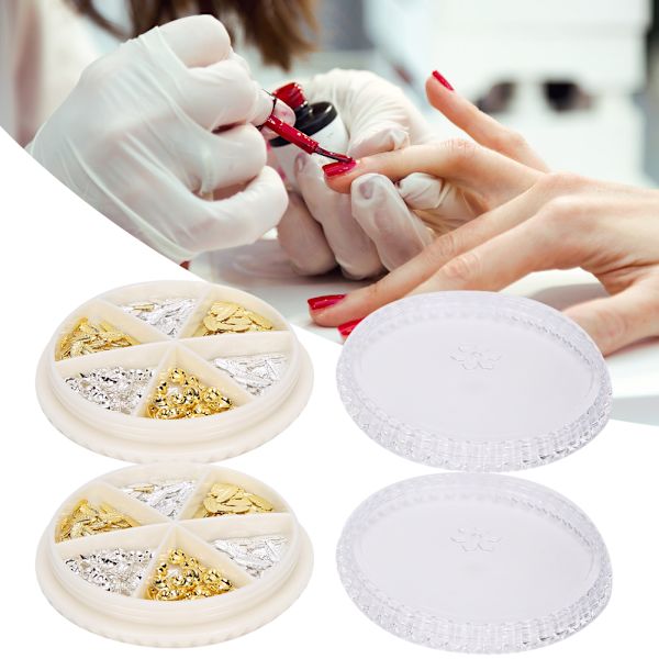 2 lådor snygg nagelkonstdekoration DIY metall glänsande nageldekorationer DIY manikyrverktyg guld silver måne + blad