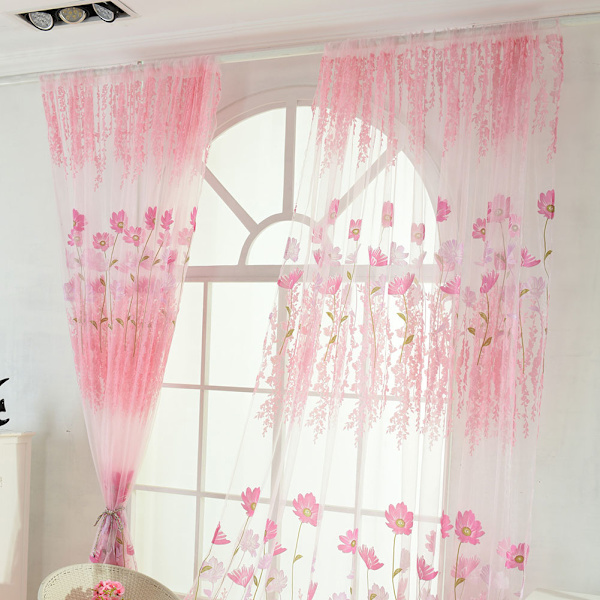 Polyester Floral Pattern Vindus Tulle Voile Gardin Soverom Stue Innredning (Rosa)