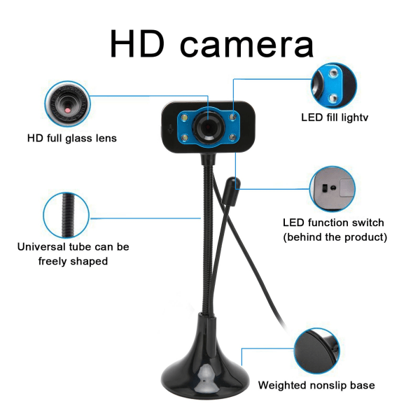 Webbkamera High Definition Manuell Fokus USB Streaming Webcam med LED Fill Light-mikrofon