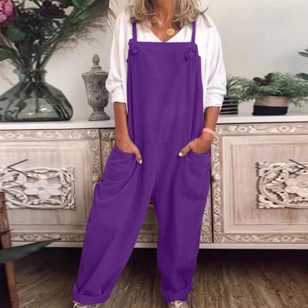 Casual Løs Bomuld og Linned Dame Overalls Jumpsuit XXXXXL Lilla