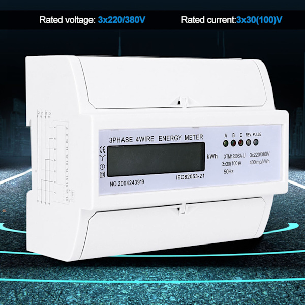 Digital 3-faset 4-leder 7P skinne elektrisk måler elektronisk kilowatt-time måler (30(100)A)-hvid-1 stk.