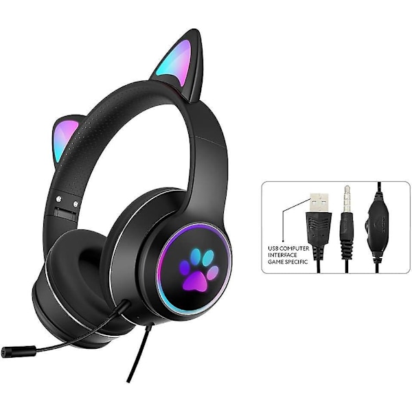 Sødt katteøre gaming headset - sort, foldbart og strækbart, kablet med mikrofon, stereo, lysende (1 par)