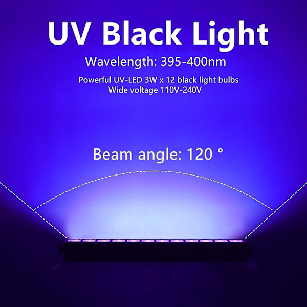 Bærbar scenelys: 36W LED UV-lysrør med fjernbetjening, DMX512 sortlys til fest, pub, bar EU-stik