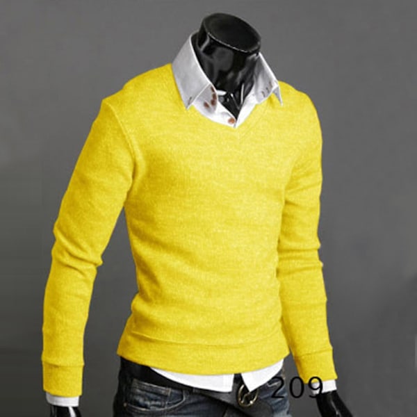 Enkel V-ringad stickad tröja - Herr långärmad pullover M Gul