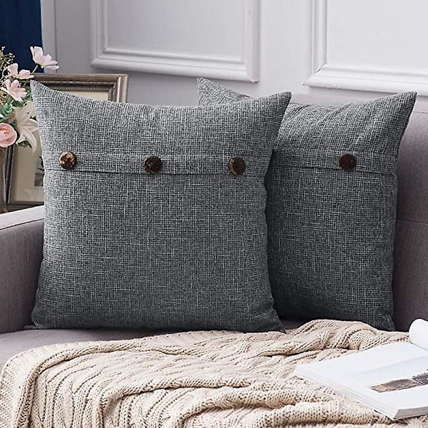 Firkantede Dekorative Putetrekk Rustikk Stil Lin Dekorative Putetrekk med Dekorative Knapper for Sofa Soverom Hjem Mørk Grå 45X45CM, 2 Stykker