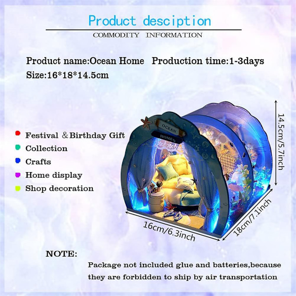 LED DIY Mini Ocean Tunnel Dockhus Kit Miniatyr med Möbler Trä Dockhus Present till Barn Vänner