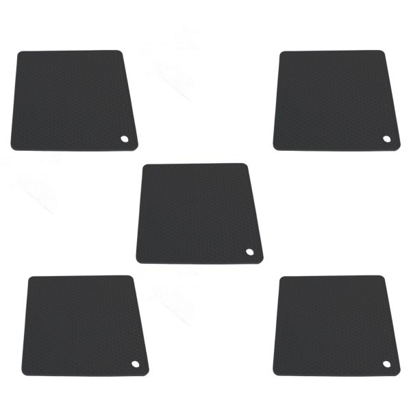 5 stk Silikon Gryteunderlag Matte Varmebestandig Antiskli Firkant Honeycomb Trivet Matte Varme Puter for Kjøkkenbenk Svart
