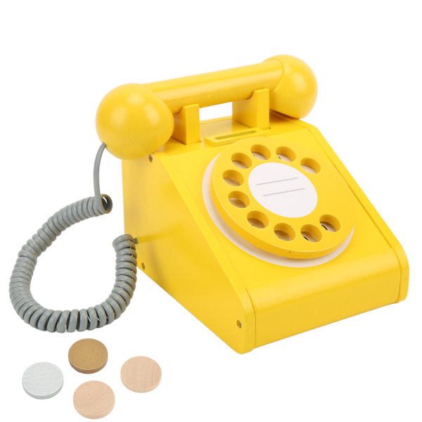 Simuleringstelefon för barn Rosa gammaldags vridbar urtavla telefon Retrodesign Träsimulering Retro urtavla Telefon Gul