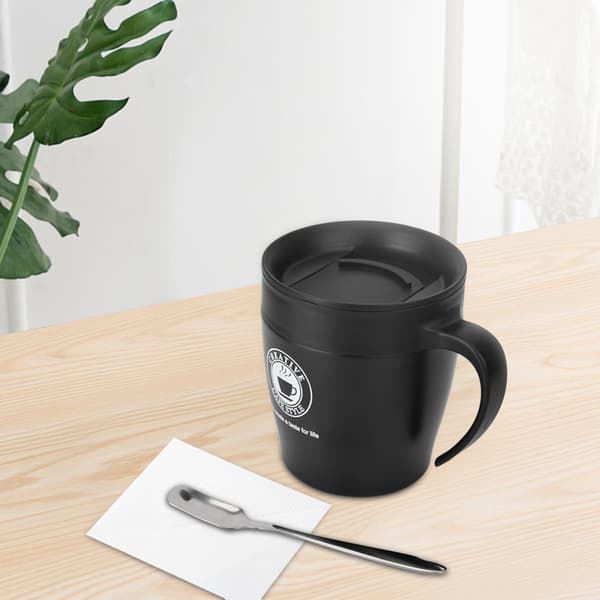 Isoleret kaffekrus i rustfrit stål med ske og låg til kontorrejser (sort)