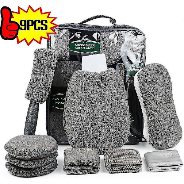 Professionelle Bilrengøringsværktøjer, Bilrengøringskludesæt, Vaskesæt Mikrofiber, Bilvaskesæt Bilrenser Sæt - 9 Dele