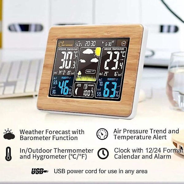 Färgskärm trådlös väderstation med barometer, väderprognos, alarm och multifunktionell klocktermometer Hygrometer (inomhus/utomhus)