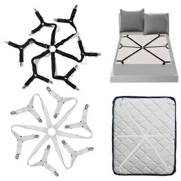 Skridsikker sekskantet lagenstrammer (sort), premium lagenstrammer med 6-vejs kryds elastikstrop og hjørneclips, elastisk lagenstrop, sengetøjsholder