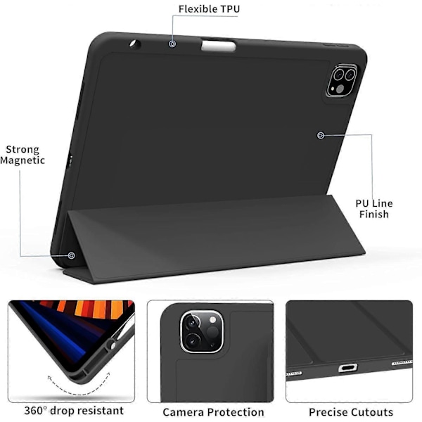 Svart, Skyddande Fodral för iPad Pro 11-tum (18/20/21/22), med Pennhållare, Ultratunt Tredelat Smart Cover, Stöder Pennladdning, Automatisk Sleep/Wake