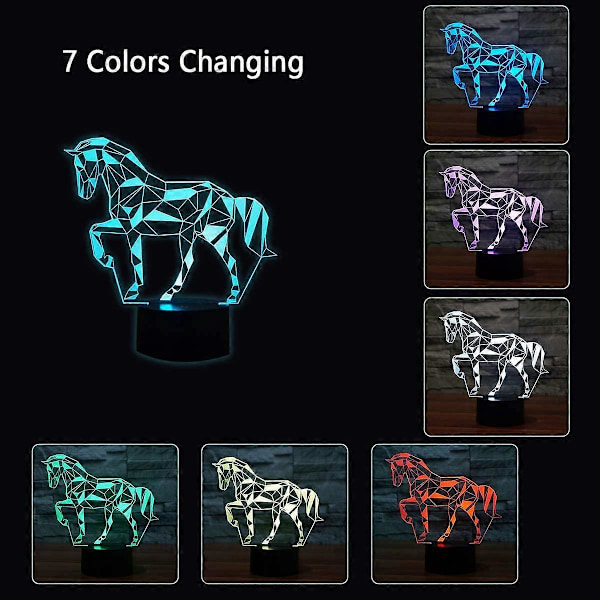 3D Optisk Illusionslampe LED Natlampe til Børn, 3D Hestelampe 7 Farver Skiftende Touch Sengelampe Soveværelse Deco Hestelampe med USB-kabel