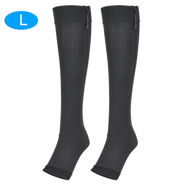 1 Par Sport Sectional Pressure Hosiery Kropsformende Knæhøj Kalvstrømpe kompressionselastik med lynlås Sort(L)