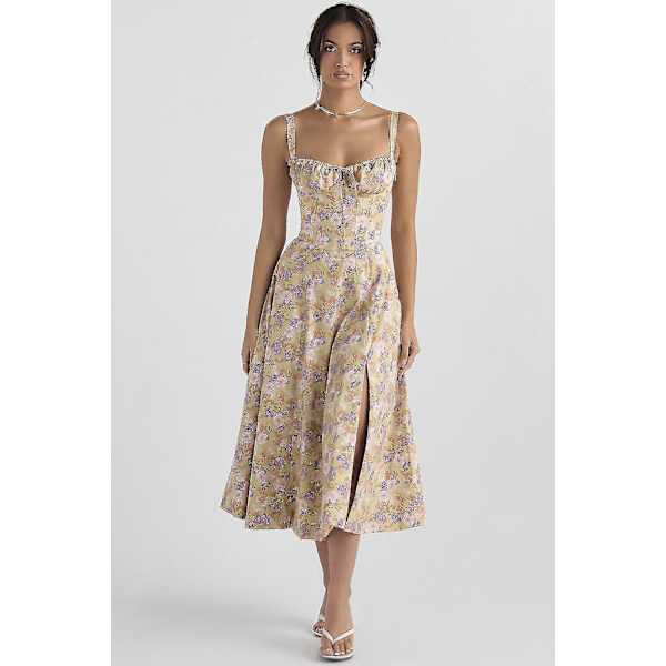Floral Print Split Lår Boho Midi Kjole L Gul Lilla Hvid Blomst