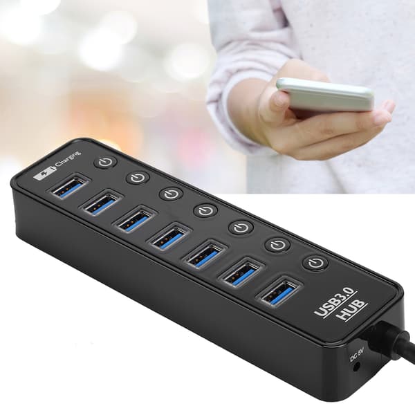 7-Port USB 3.0 Hub med Switch Smart 2A Hurtigopladningssplitter Dockingstation PC-tilbehør
