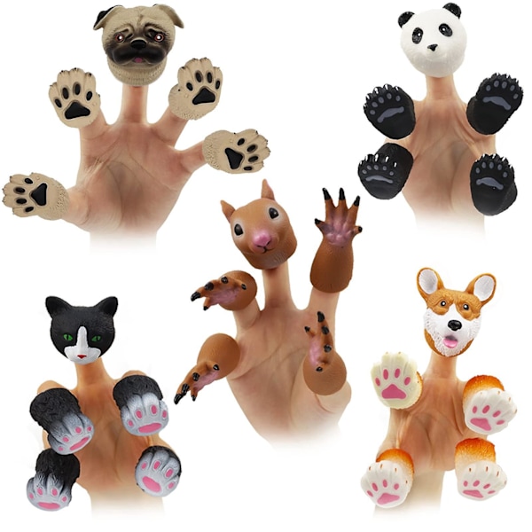 Söt Djur Fingerdockor Set med 5 Panda Ekorre Katt Shiba Inu Pug Perfekt Present till Barn Berättande Kul