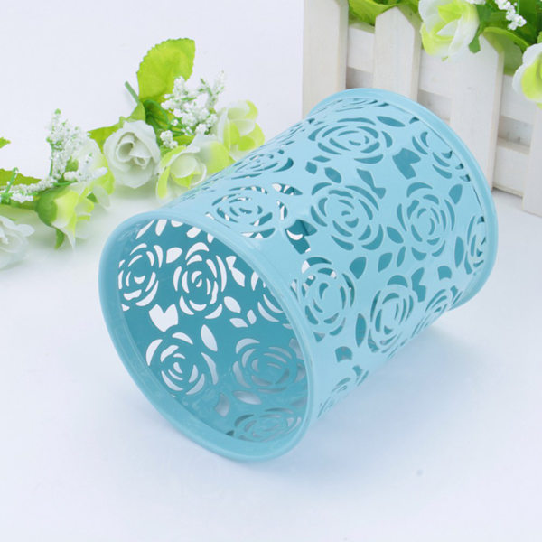 Kontorskrivebord hult rosenblomstmønster Pen Blyant Grydeholder Container Organizer (blå)