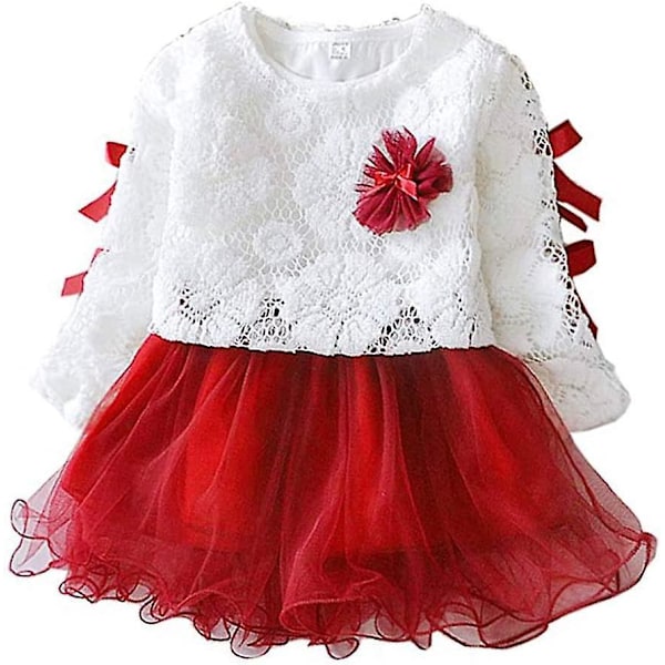 Baby Flicka Söt Spetskjol Mjuka Ärmar Rosett Vår och Höst Prinsessklänning för Bröllopsfest Ceremoni (Röd, 80cm)