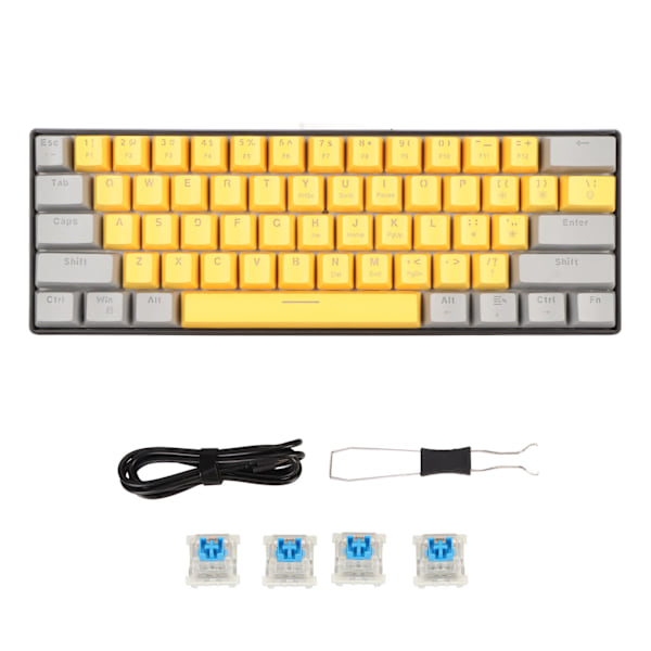 61-tangenters mekaniskt tangentbord, bärbart, kompakt 60 % spelande tangentbord med LED-bakgrundsbelysning för Windows PC-bärbar dator, grågul yta, blå brytare